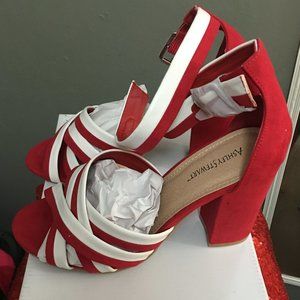 Red & White Chunky Heel Ankle Strap Sandals